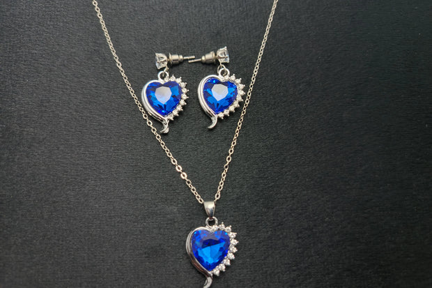 Blue Heart Shaped Necklace With Earring Set 925