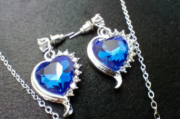 Blue Heart Shaped Necklace With Earring Set 925