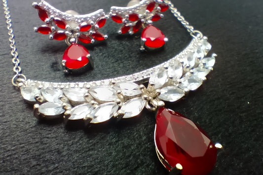 Ruby American Diamond Necklace Set Red