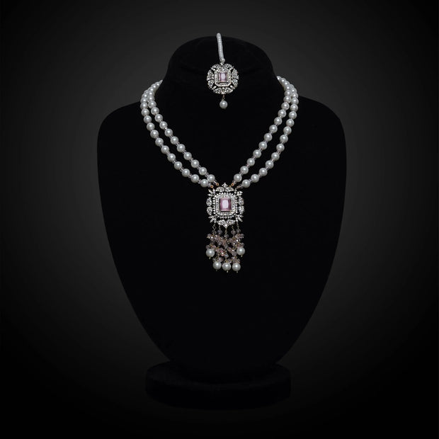 Pearls Mala With Zircon Purple Stone