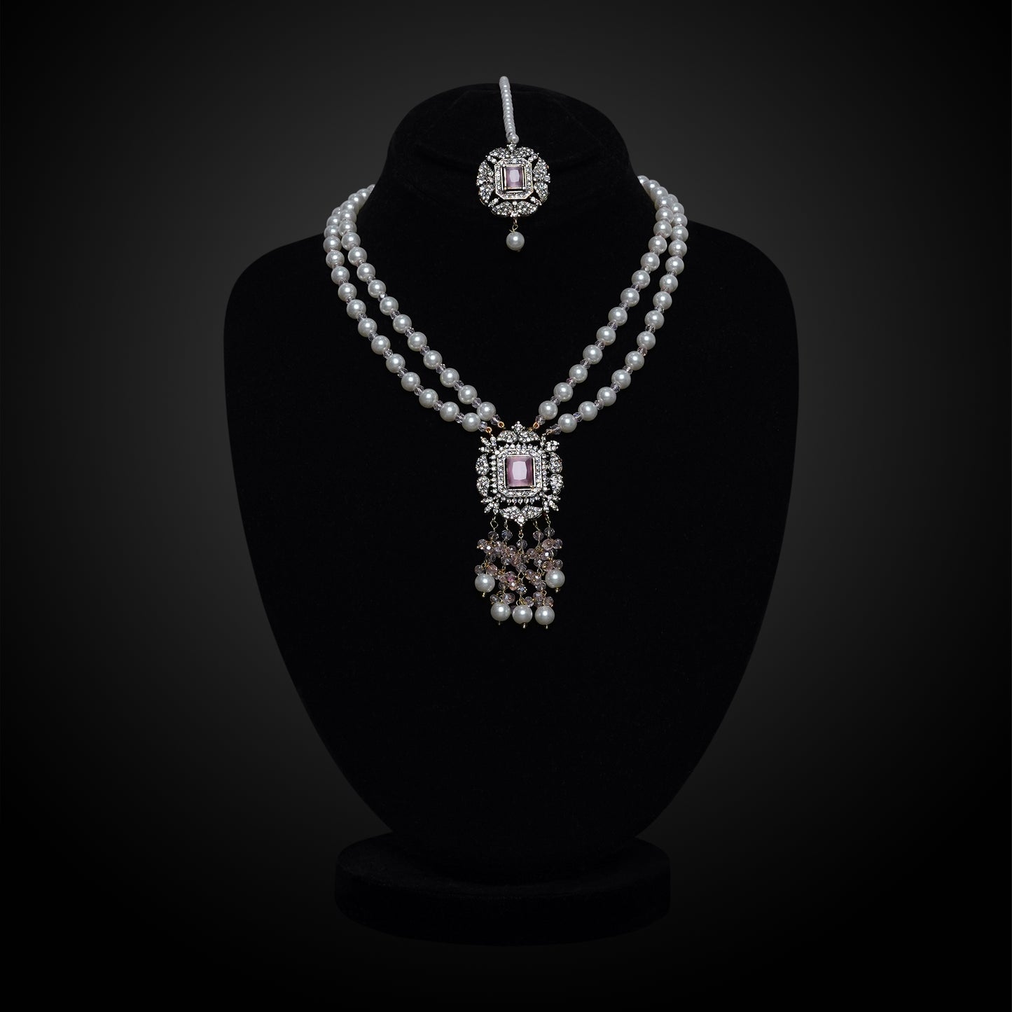 Pearls Mala With Zircon Purple Stone