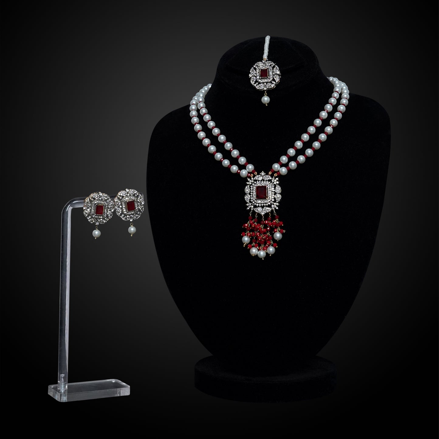 Pearls Mala With Zircon Red Stone