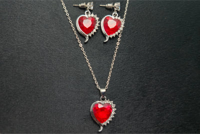Red Heart Shaped Necklace With Earring Set 925